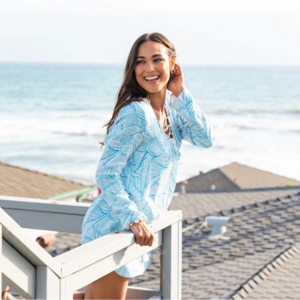 Charlie Holiday Blue & White Hooded Swim Palm Leaf Coverup
